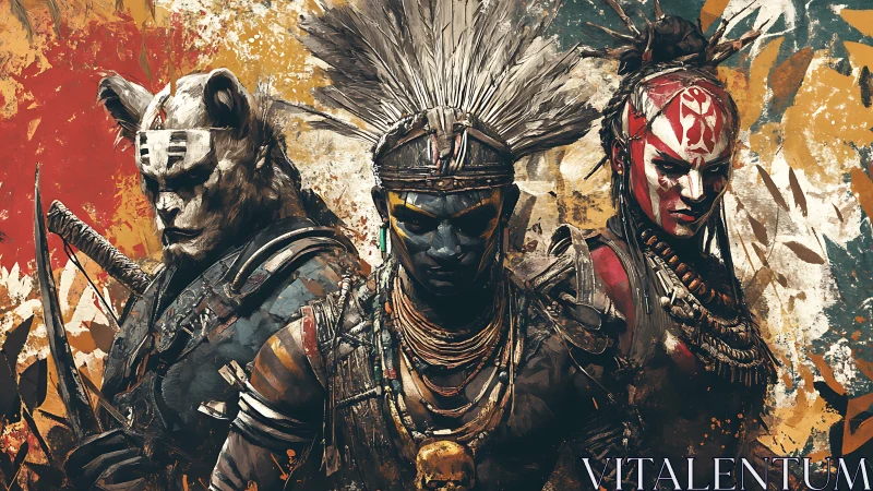 Tribal warriors in stylized armor against abstract foliage.