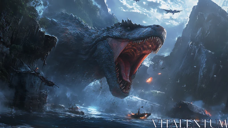 Colossal dinosaur storms flooded canyon in cinematic battle.