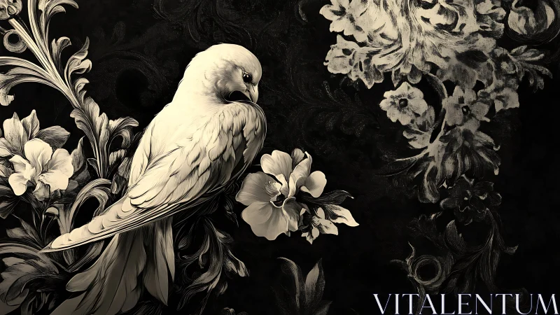 Elegant parrot and floral illustration in vintage monochrome style.