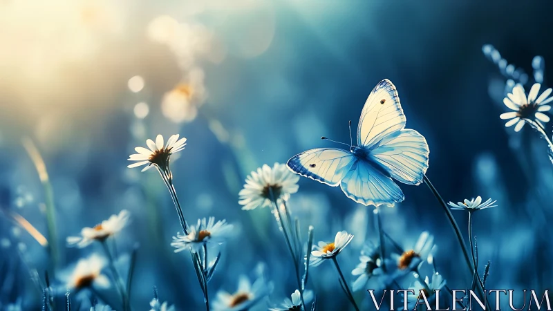 Backlit lepidopteran hover above bokeh-softened chamomile field.