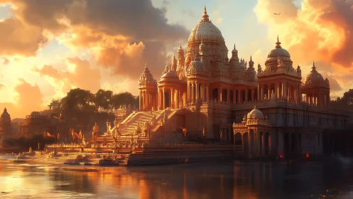 Sunlit riverside temple complex in radiant golden haze.
