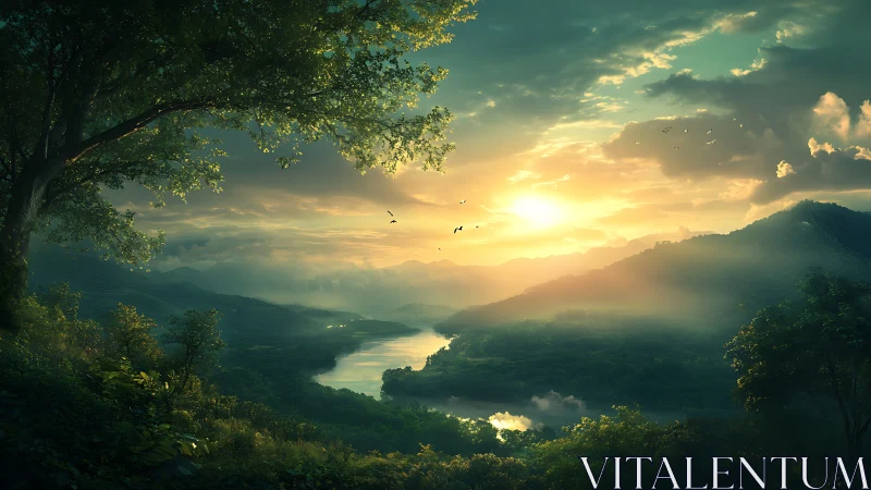 Golden sunrise over a peaceful river valley of soft mist.