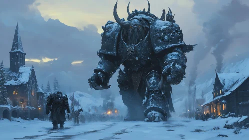 Giant armored warbeast advances through a burning snowbound village.