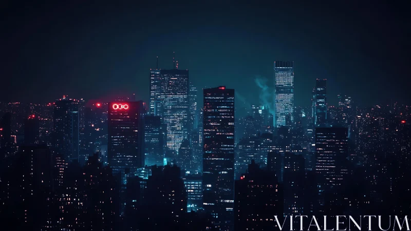 Dense highrise city skyline at night under blue lighting.