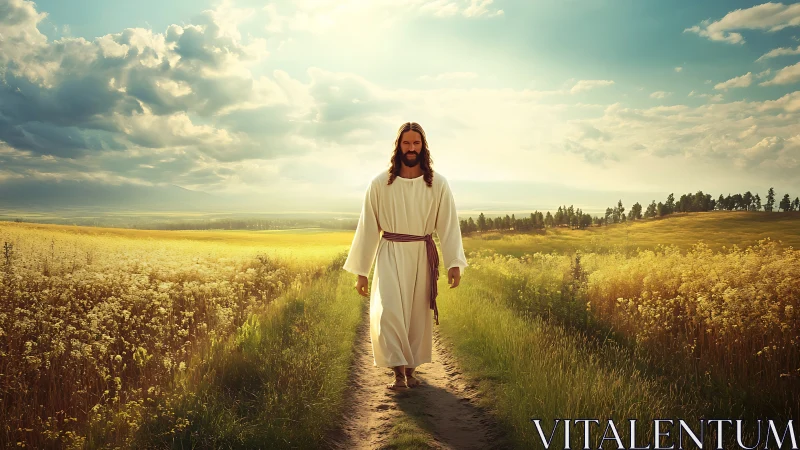 Gentle robed figure walks peacefully through golden fields