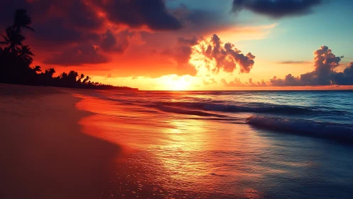 Molten sunrise ribboning across a dream-bright shoreline.