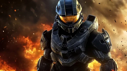 Armored space soldier advances through blazing battlefield.