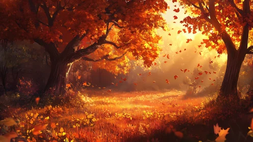 Autumn Forest with Falling Leaves at Golden Hour.