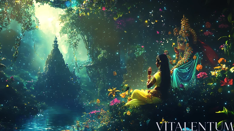 Divine figures meditate beside luminous jungle temple river