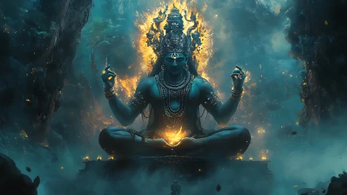Mythic blue deity rendered with volumetric fire and atmospheric fog
