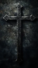 Weathered iron cross glowing softly in the dark wall.