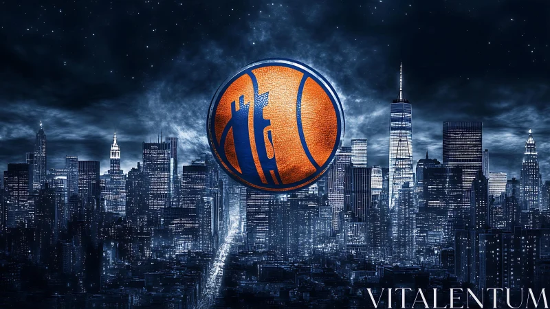 Nocturnal metropolis skyline with hovering textured basketball emblem.