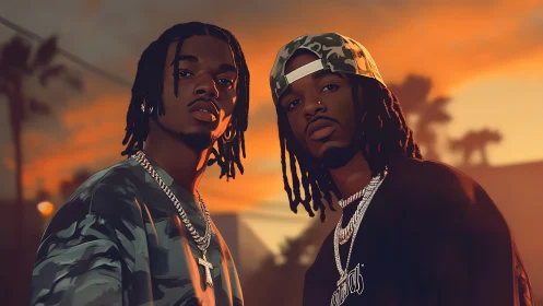 Digital portrait of two stylish rappers at sunset boulevard.