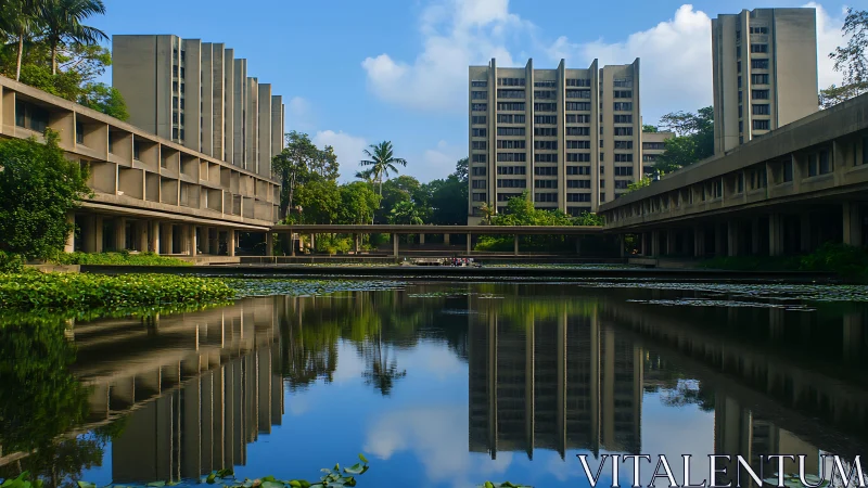 Brutalist academic complex mirrored in landscaped lotus pond