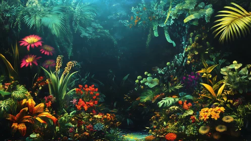 Lush digital rainforest with vivid tropical flowers.