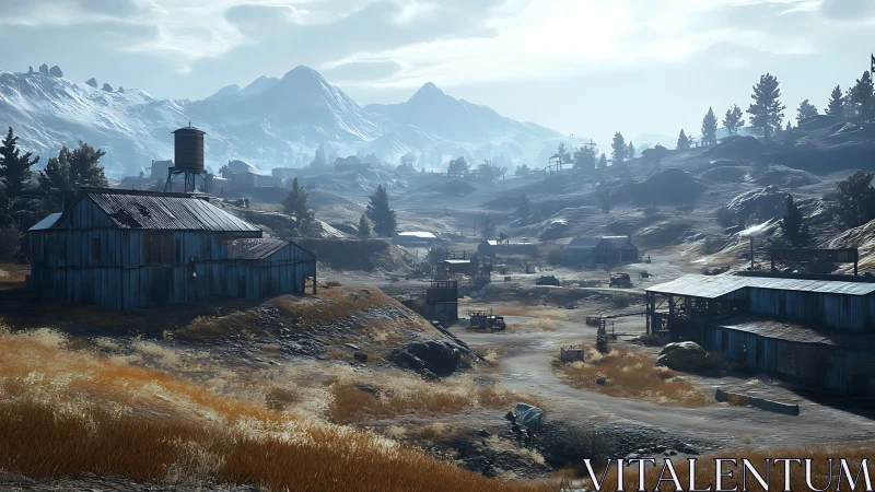 Deserted mountain mining outpost under cold winter light.