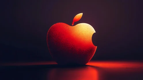 Glowing red apple logo radiates light on dark backdrop.