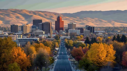 Urban skyline with autumn trees and layered mountain backdrop.