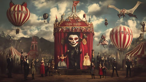 Carnival stage scene presents masked figures and air balloons