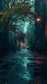 Cinematic rainy alleyway with moody urban foliage framing depth.