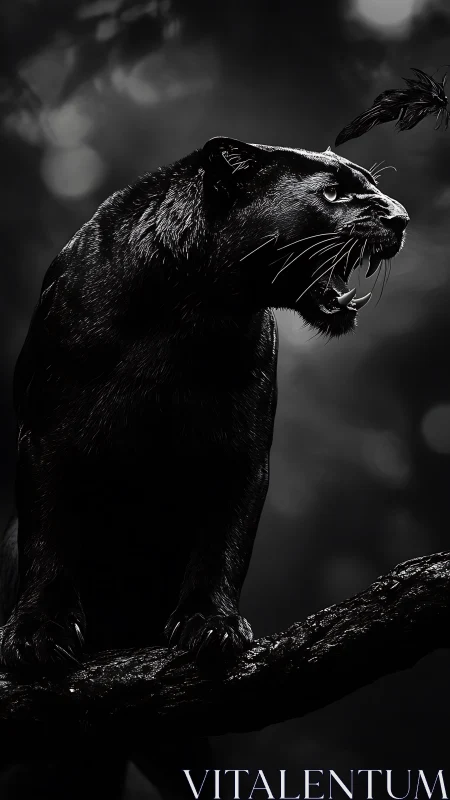 Feline Profile with Bared Fangs in High-Contrast Monochromatic Study