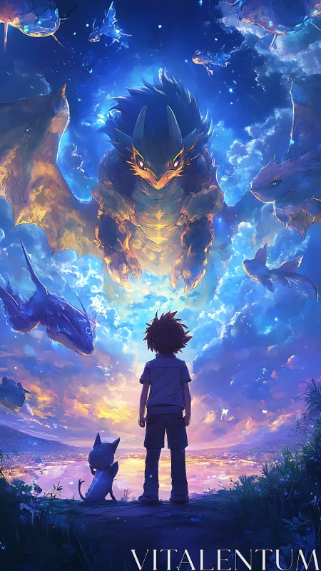 Boy and cosmic creatures sharing a glowing twilight sky.