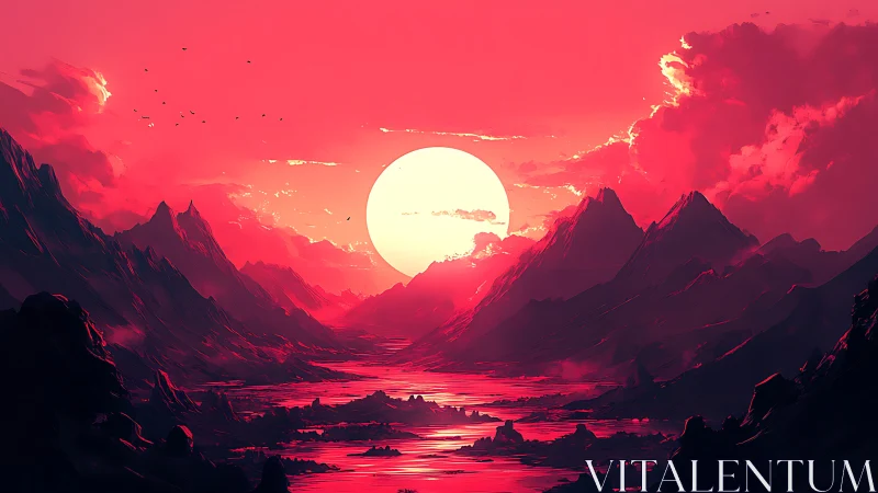 Crimson alien valley surrounds blinding white sun at horizon