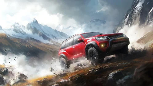 Red off‑road SUV ascending rocky alpine slope at speed.