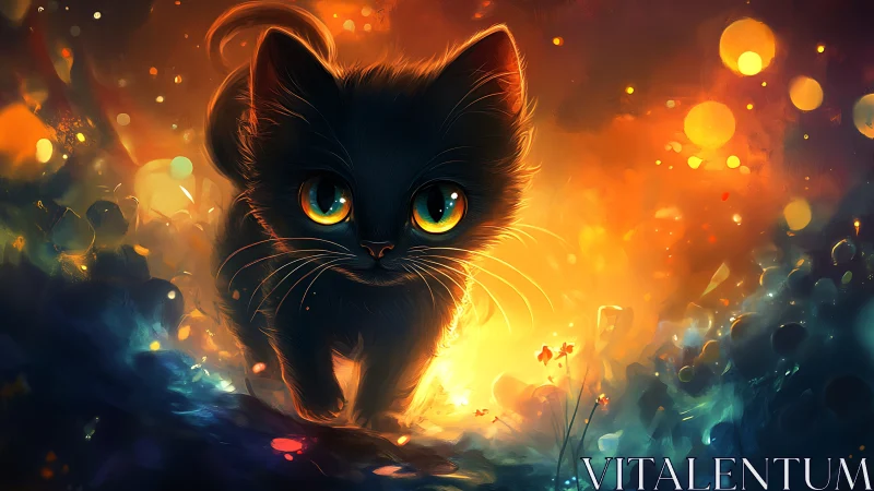 Black Cat With Golden Eyes Surrounded by Luminous Particles