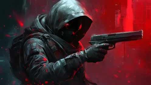 Hooded tactical gunman aims pistol in neon red haze
