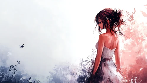 Girl in white dress stands in abstract floral background