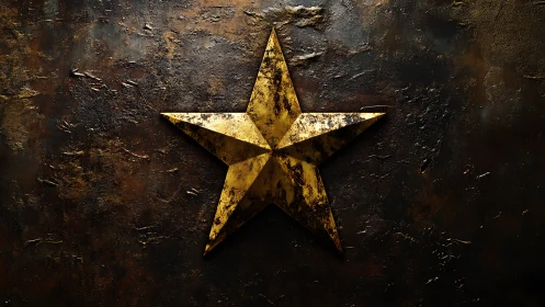 Weathered golden star blazing on dark forged metal wall.
