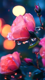 Luminescent Petals With Dewdrops: Macro Botanical Nocturne.