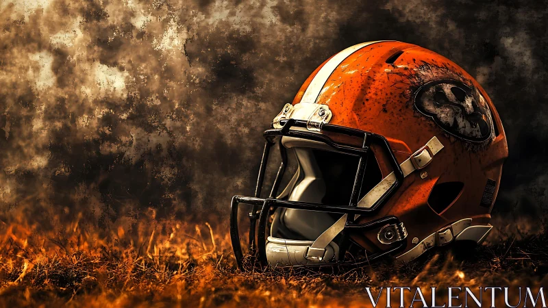 Battle-scarred orange football helmet rests in smoky dusk.