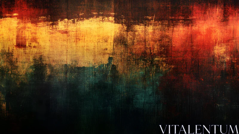 Abstract textured painting with warm red, yellow, and dark tones.