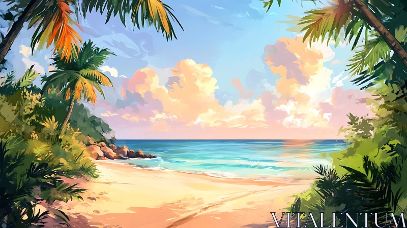 Tropical Paradise Beach at Golden Hour. Coastal Scene.