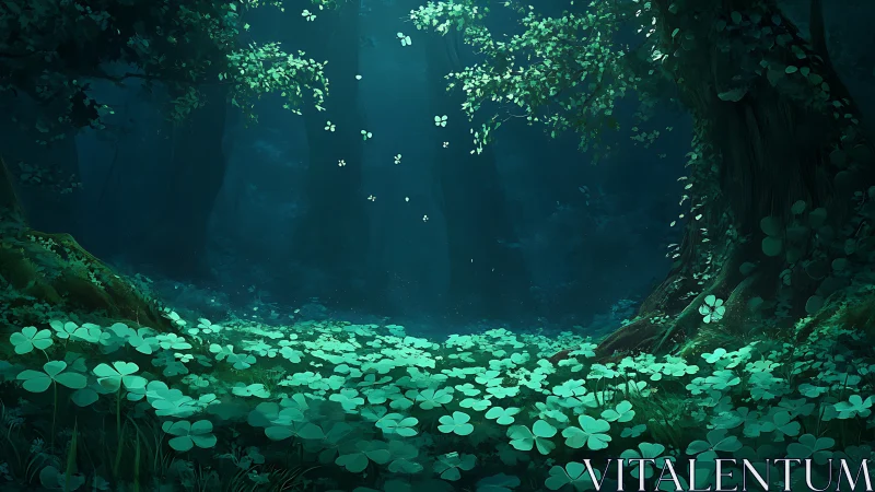 Luminescent forest floor with glowing clover-like plants in dark cavern