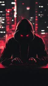 Hooded cyber intruder rendered in neon red chiaroscuro style