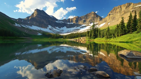 Alpine lake reflecting rugged mountains and green forest.