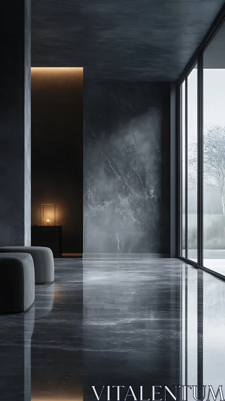 Minimalist lobby uses high-gloss stone and soft indirect lighting