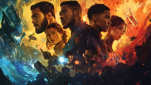 Heroic space crew stands united amid blazing cosmic war