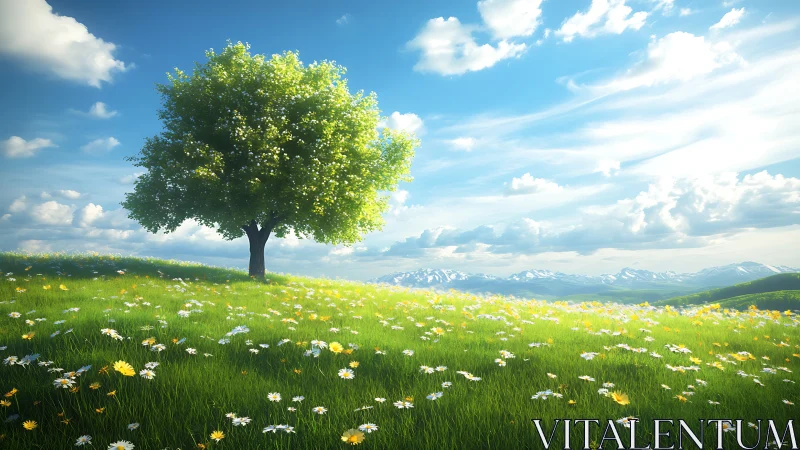 Lonely green tree on bright wildflower meadow hillside.