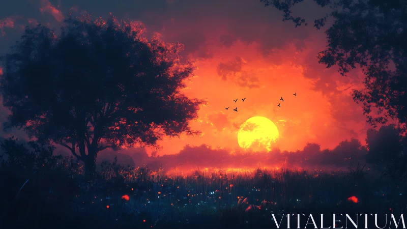 Spectral meadow sunset with silhouetted tree and solar bloom.