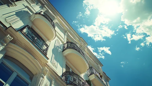 Elegant white building facade with balconies under bright sky.