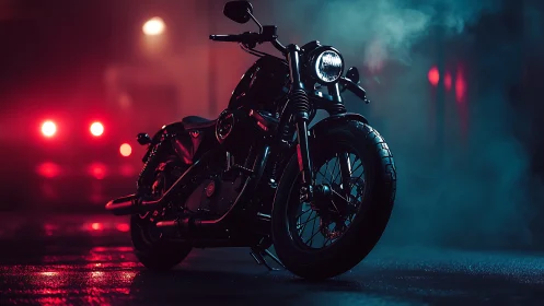 Black motorcycle stands on wet street under colored fog