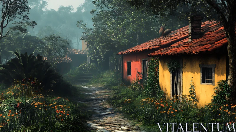 Sunlit forest cottages rest beside a flower-lined stone path