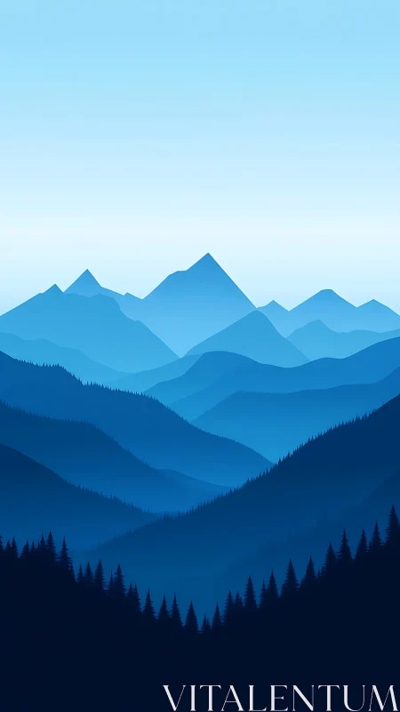 Layered blue mountain ranges with minimalist gradient sky.