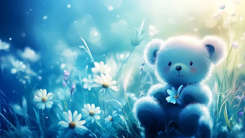 Soft teddy bear rests in dreamy blue meadow of daisies
