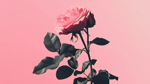 Pink Rose with Dark Foliage Against Soft Pastel Background