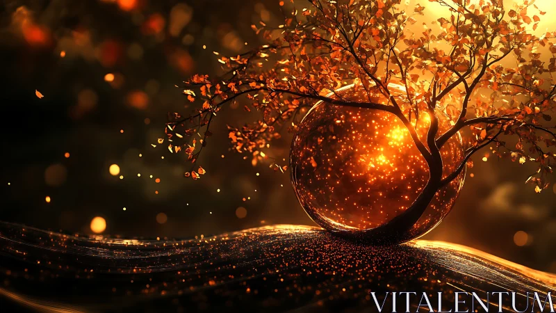 Celestial ember tree cradling a glowing autumn cosmos.